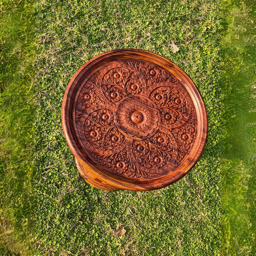 18″ Wooden Round Coffee Table – Carving Art