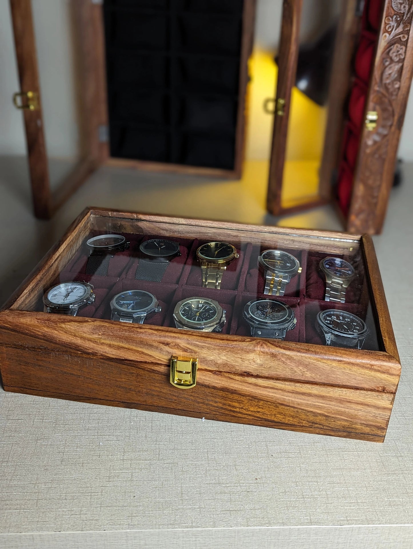 Handmade Wooden Watch Organizer Box with Glass Lid - for 10 Watches