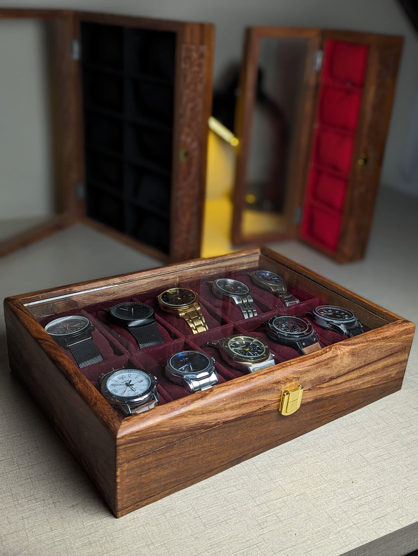 Handmade Wooden Watch Organizer Box with Glass Lid - for 10 Watches