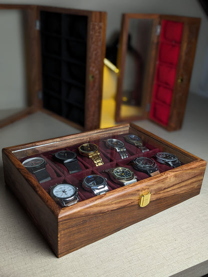 Handmade Wooden Watch Organizer Box with Glass Lid - for 10 Watches
