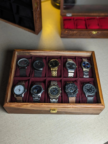 Handmade Wooden Watch Organizer Box with Glass Lid - for 10 Watches