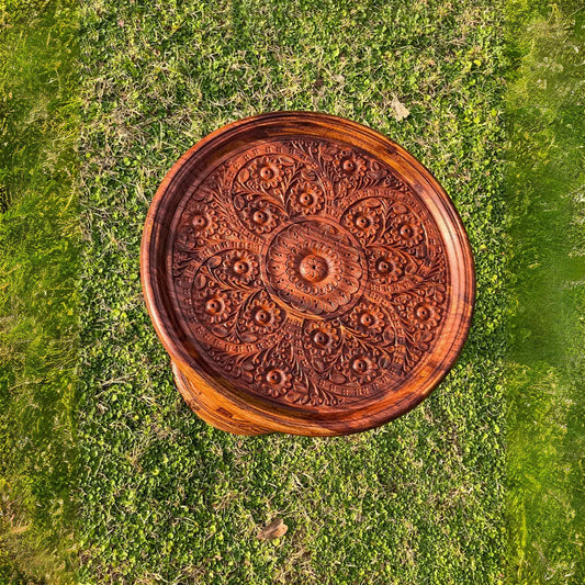 18″ Wooden Round Coffee Table – Carving Art