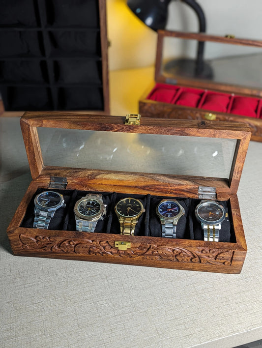 Handmade Wooden Watch Organizer Box with Glass Lid & Carving Art - for 5 Watches