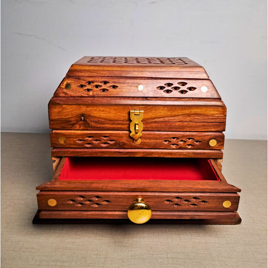 Hand-Carved Shesham Wood Jewelry Box with Drawer - 9x12 Inches