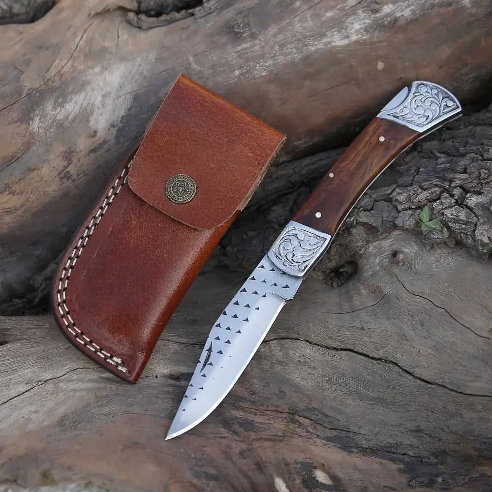 9" Handmade Engraved Bolster Pocket Knife - Pocket Folding Knife - Dark Wood Handle WH 5035