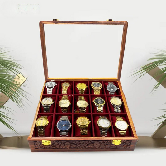 Personalized Storage with 15 Slots for Watches, Soft Velvet Pillows, Natural Acacia Wood