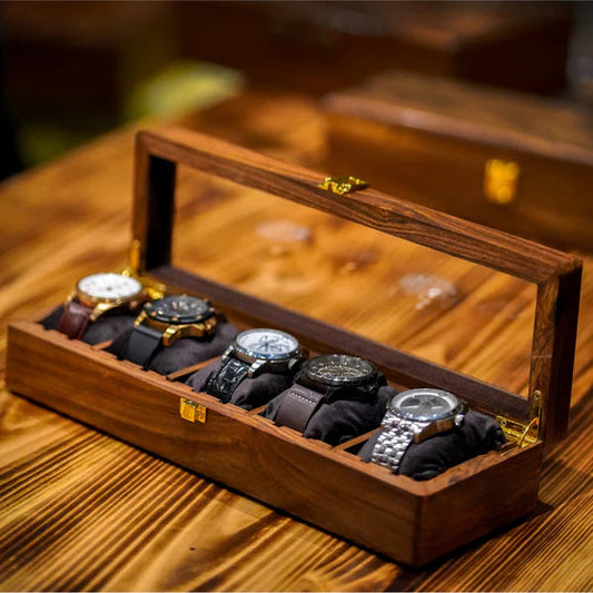 Handmade Wooden Watch Organizer Box with Glass Lid - for 5 Watches